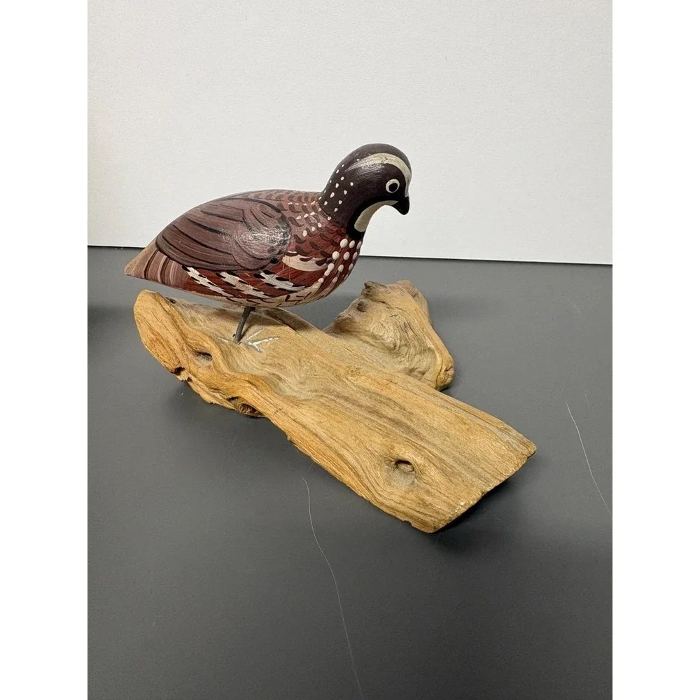 Vintage Hand Carved Painted Wood Bobwhite Quail Bird Figurine Driftwood Base